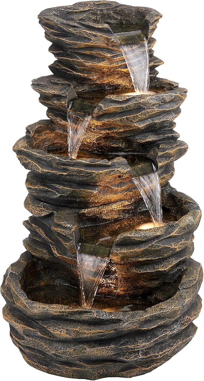 Alpine Corporation GIL110 Outdoor 5 Tiered Natural Look Rock Water Floor Fountain with Replaceable Lights,39" H, Brown - Bloomnest