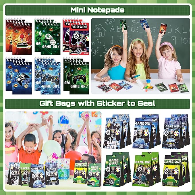 Video Game Party Favors for Kids: Pixel Theme Goodie Bags Stuffers Birthday Party Supplies, Bracelets, Keychain, Sunglasses, Notepads, Stickers, Gift Bags Serves 12 Boy Girl Birthday Party Decorations - Bloomnest