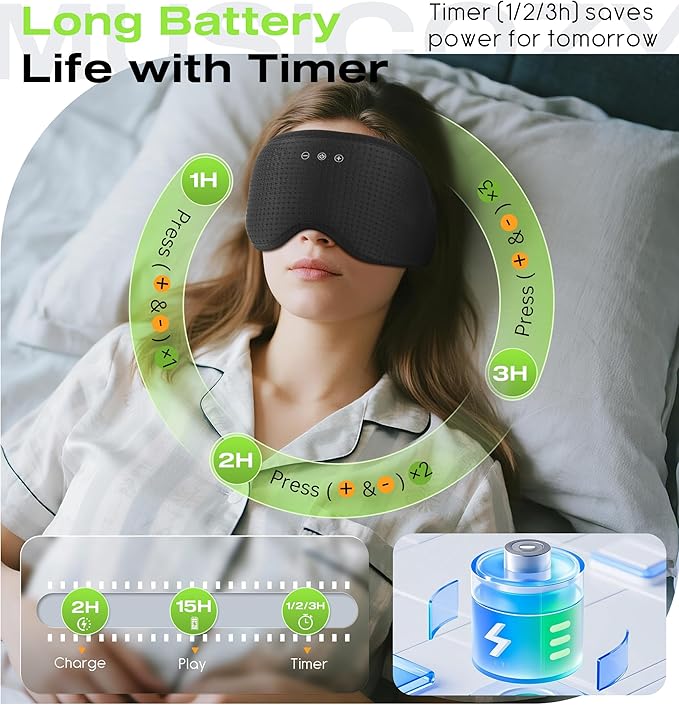 MUSICOZY Sleep Headphones with Bluetooth 5.4 Sleep Mask, Removable 3D Eye Cups for Zero Pressure Comfort, Wireless Bluetooth Eye Mask for Sleeping with Timer - Bloomnest