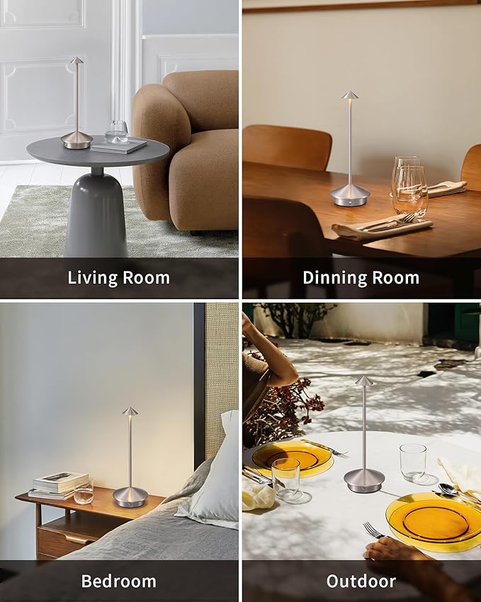Modern Cordless Table Lamp Set of 2, Portable LED Desk Lamps, 5000mAh Rechargeable Battery Operated Lighting for Bedroom Dining Room Restaurant Coffee Shop Camping Night Light (Brushed Nickel) - Bloomnest