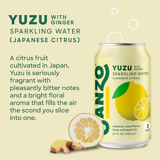 Sanzo Flavored Sparkling Water - Yuzu Lemon Seltzer (with Ginger) - Low Calorie Low Sugar Soda - Craft Asian Drinks - Vegan Gluten Free Carbonated Flavored Water - Fizzy Healthy Drinks - 12oz, 12 Pack - Bloomnest