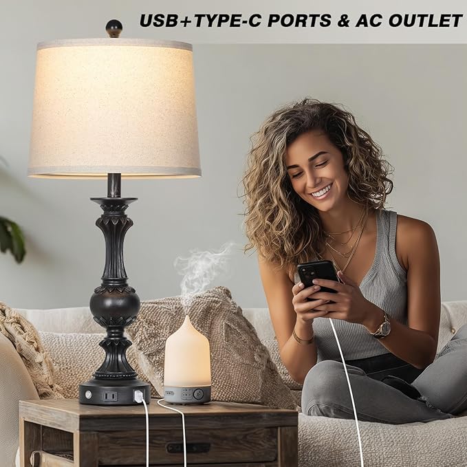 28" Black Farmhouse Table Lamps Set of 2, Rustic Lamps for Living Room with USB C+A Ports & AC Outlet, 3 Way Touch Control Bedroom Lamp, Retro Tall Bedside Lamp for Nightstand Side Table - Bloomnest