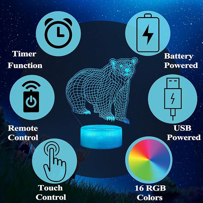 Polar Bear Night Light, 3D Illusion Lamp, RGB16 Colors Changing, Remote Control, Dimmable, Kids Room Decoration, Xmas Bear Gifts - Bloomnest