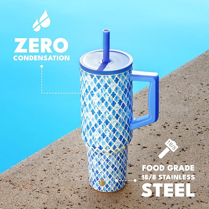 Elemental 40 oz Tumbler with Handle and Straw - Spill Proof Insulated Stainless Steel Commuter for Hot and Cold Beverages - Travel Coffee Mug with 2 Straws & Spill Proof Lid - 40oz - Blue Tile - Bloomnest