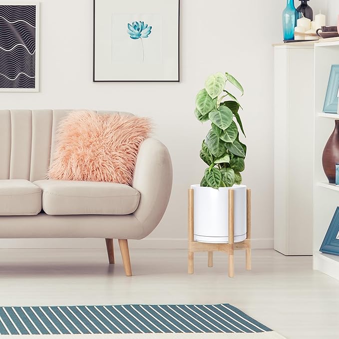 D'vine Dev Ceramic Planter with Natural Stand - 10 Inch Modern Round Flower Pot with Wood Planter Holder, White, 55-B-K-1 - Bloomnest