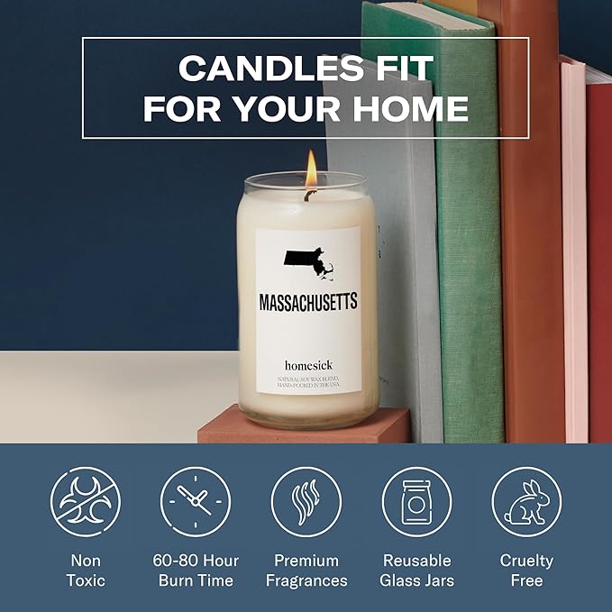 Homesick Scented Candles for Home (Massachusetts) - 13.75 oz Long-Lasting Soy Wax Jar Candle for Women & Men for All Occasions, 60-80 Hours Burn Time - Notes of Coffee & Apple Cider - Bloomnest