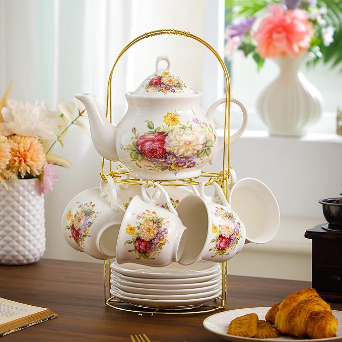 20-Pieces Porcelain Tea Sets For Women, Tea Set For Adult with Golden Metal Rack,Tea Gift Sets for Home&Party(012) - Bloomnest