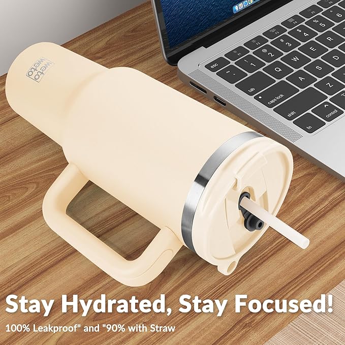 WETOWETO 40oz Tumbler with Handle | Insulated Stainless Steel Travel Mug | 34Hrs Cold & 10Hrs Hot Retention | 100% Leakproof Lid & Straw | Dishwasher Safe + Car Cup Holder Fit (Cream Color) - Bloomnest