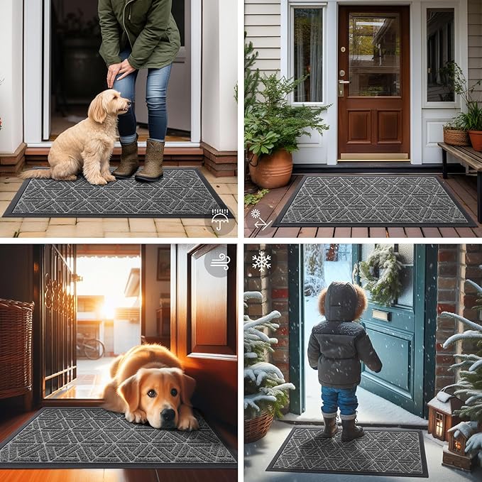 Smiry Front Door Mat Outside Entrance, Heavy Duty Sturdy Natural Rubber Doormat, Trap Dirt and Moisture, Easy Clean Low Profile Mats for Indoor Outdoor Entry, Grid Geometric (36x24, Silver Grey) - Bloomnest