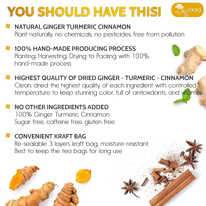 TOG999, Premium 15 Tea Bags Turmeric, Ginger, Cinnamon, 100% Natural, Hand-made Blend of Turmeric, Ginger, and Cinnamon Herbal Tea. Eco-conscious Tea Bags. No Sugar, No Caffeine, No Gluten, Vegan. - Bloomnest