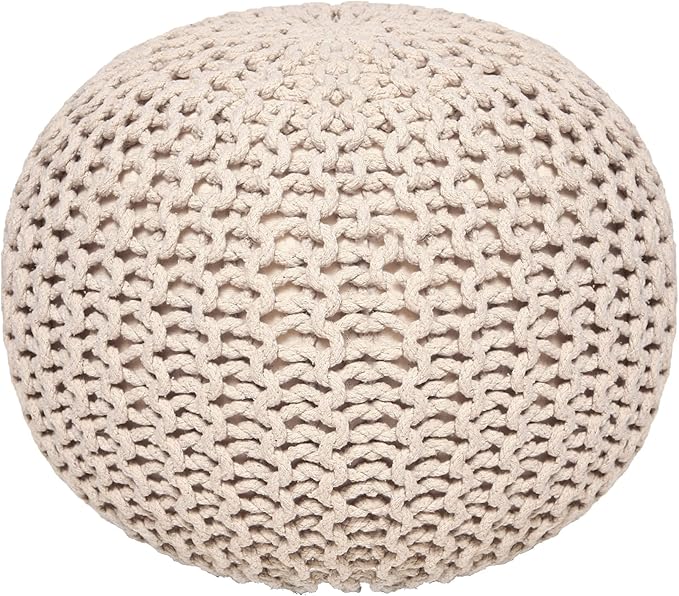 REDEARTH Round Pouf Ottoman - Cable Knitted Boho Poof - Home Décor Cord Pouffe Handmade Circular Footrest for Living Room - Bedroom - Kids Bedroom - 100% Cotton Pouf (19.5"x19.5"x14") - Ivory - Bloomnest