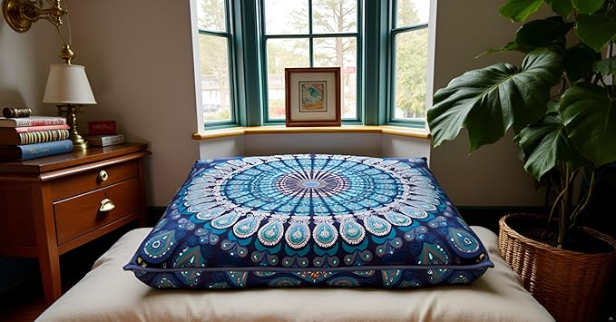 INDIAN CRAFT CASTLE 24" Blue Peacock Mandala Barmeri Large Floor Pillow Cover Cushion Meditation Seating Ottoman Throw Cover Hippie Decorative Zipped Bohemian Pouf Ottoman Pom Pom Cases 24" Square - Bloomnest