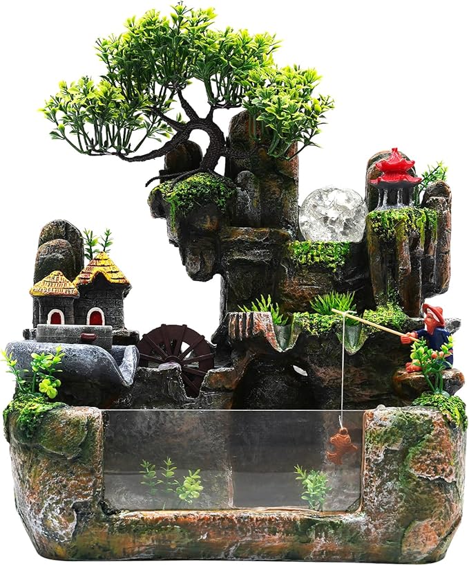 Indoor Fountain, Tabletop LED Waterfall Fountain with Atomizer, Water Fountain Tabletop Rockery Waterfall, Desktop Fountains for Home Office Bedroom Desk Decor - Bloomnest