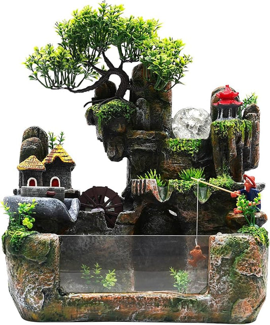 Desktop Fountain, 11.8 * 7.87 * 14.9in Indoor Waterfall Bonsai Desktop Small Water Fountain Resin Rockery Waterfall Mini Rockery Water Fountains with Atomizer for Living Room Corridor Entrance - Bloomnest
