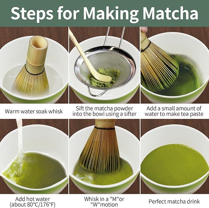 Matcha Whisk Set, 7-Pcs Matcha Set Includes Gradient Ceramic Matcha Bowl and Chasen Holder, Bamboo Whisk, Stainless Sifter, Teaspoon, Tea Towel, Spoon, Matcha Kit for Tea Lovers (Green) - Bloomnest