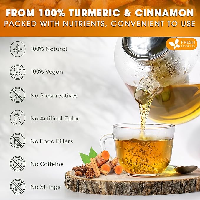 FreshDrinkUS, Premium 135 Turmeric Cinnamon Tea Bags, 100% Natural, Blend of Turmeric, and Cinnamon. Made with Natural Material Tea Bags. No Sugar. No Caffeine. Vegan. - Bloomnest