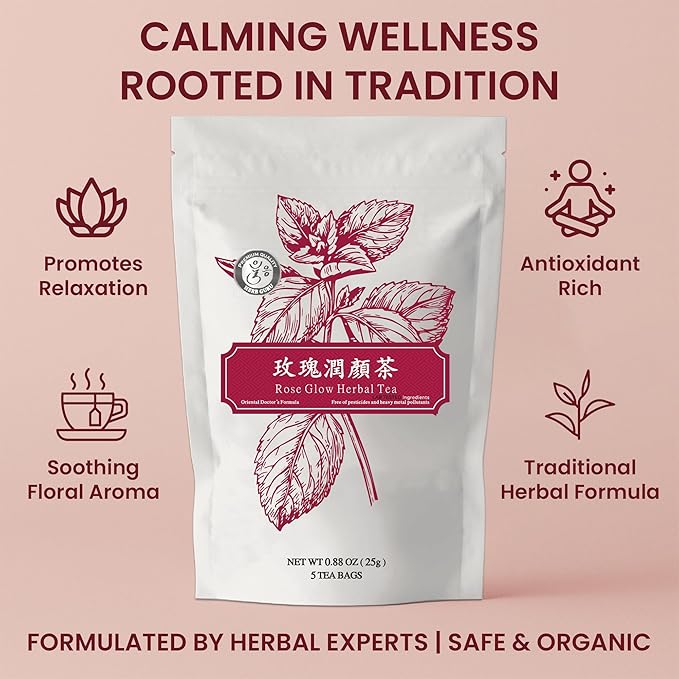 Rose Glow Herbal Blend | natural Herbal Tea With Rose, Goji Berry, Jujube, and Lily | Calming Floral Infusion and Relaxing Beverage | Includes 5 natural Tea Bags for Mindful Sipping