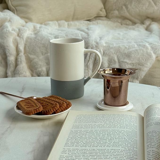 Mora Ceramics Tea Cup with Loose Leaf Infuser, Spoon and Lid, 12 oz, Microwave and Dishwasher Safe Coffee Mug - Rustic Matte Ceramic Glaze, Modern Herbal Tea Strainer - Great Gift for Women, Flint - Bloomnest