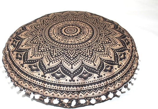 CRAFT KALA Large Round Bohemian Floor Pillow Pouf Cover Mandala Meditation Room Pillow Cover for Adults Boho Seating Poufs Cushion Cover for Kids Playroom 32" Black Gold Ombre - Bloomnest