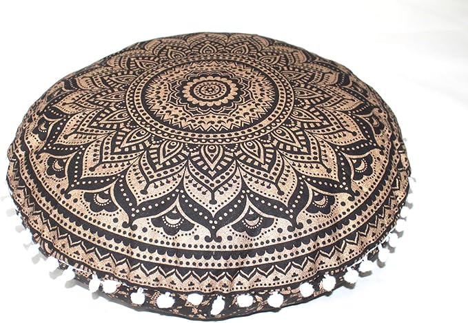 CRAFT KALA Boho Large Floor Pillow Pouf Cover Mandala Meditation Room Pillow Cover for Adults Round Bohemian Seating Pouf Cushion Cover for Kids Playroom 22" Black Gold Ombre - Bloomnest