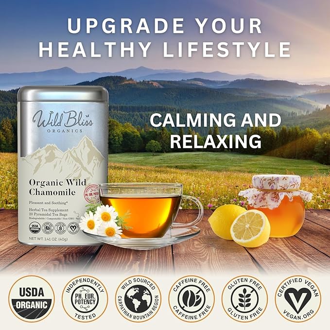 Wild Bliss Organic Chamomile Tea - Caffeine Free Calming Herbal Support - Pharmacopoeia Potency - 20 Plant Based Tea Bags - Bloomnest