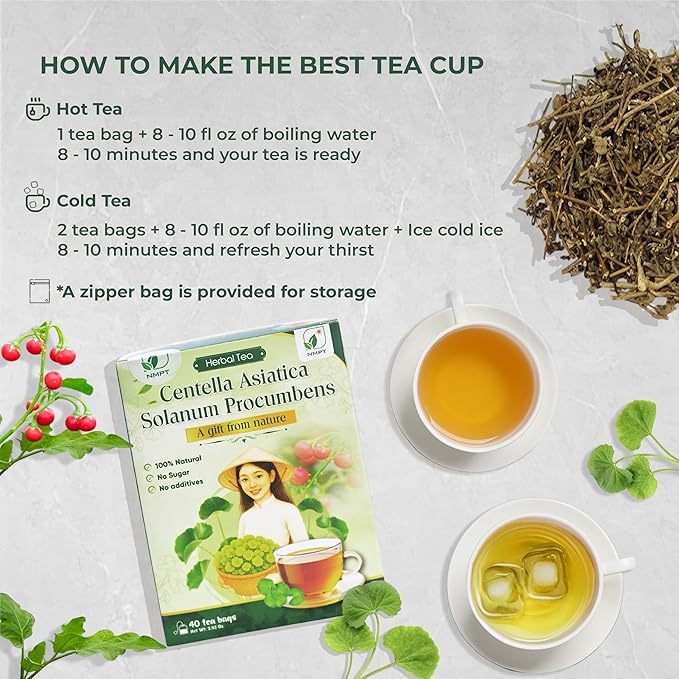 NMPT Dried Centella Asiatica Solanum Procumbens Tea, Handpicked and Handmade, 40 Sachets, Cold-Dried, Gluten-Free, No Added Sugar, Mild Sweet Flavor, Supports Overall Health - Bloomnest