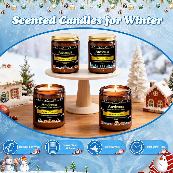 Winter Candles Set | 4 Pack Holiday Scented Candles - Cozy Winter Soy Candle Scents of Warm Cashmere/Firewood/Cedar & Fir/Salted Caramel - Christmas Candle Gifts for Women Men, Holiday Home Décor - Bloomnest