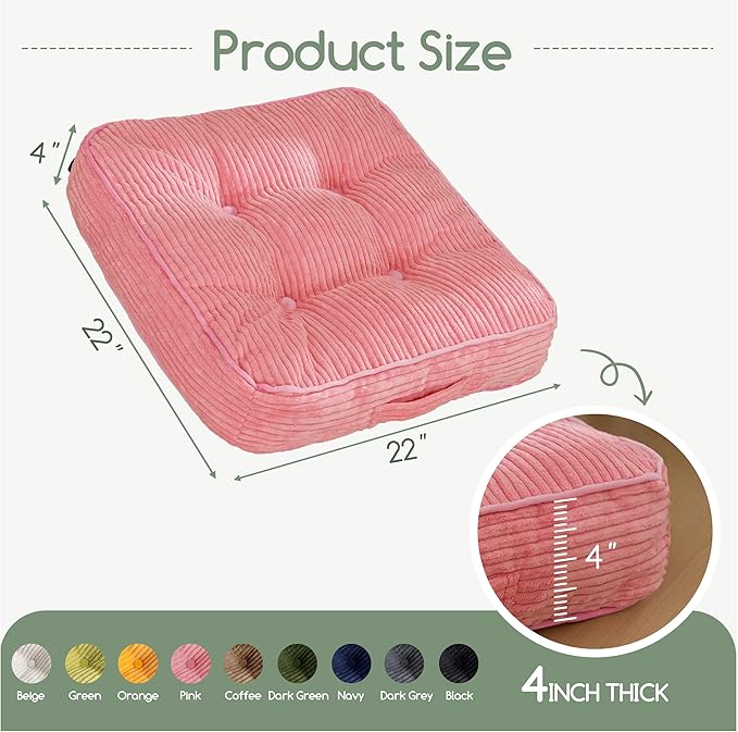 HIGOGOGO Washable Floor Pillow Cushion for Adults, Meditation Cushion Pillow, Large Square Floor Sitting, Removable Tufted Corduroy Cover, for Tatami Living Room or Yoga, 22x22 Inch, Machine Washable - Bloomnest