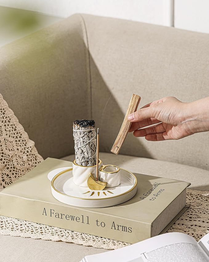 Ceramic Incense Holder Burner, Sage Holder for Burning, Palo Santo Sticks Holder, 5.51" Ash Catch Tray, Smudge Dish for Meditation Yoga, Modern Home Decor Gift - Bloomnest