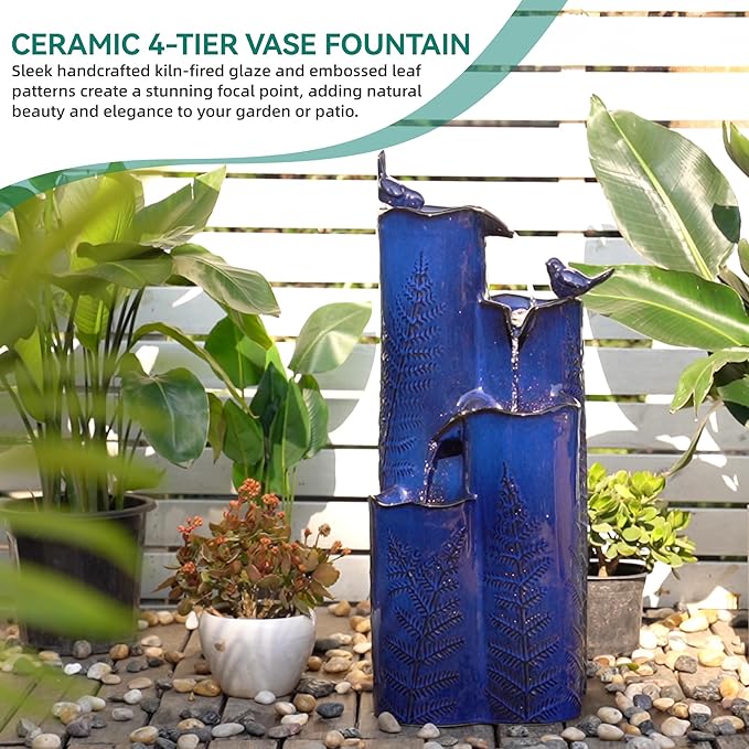 32" H Ceramic Outdoor Water Fountain with LED Lights, 4-Tier Vase Outdoor Fountain, Cobalt Blue Glaze, Embossed Fern Pattern, Cascading Waterfall for Tranquil Garden, Patio, or Porch - Bloomnest
