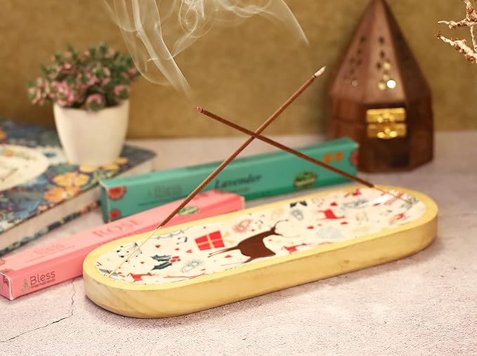 Bless-International Traditional-Handmade-Tray-Burner Wooden-Trat-Incense-Stick-Holder Ash-Catcher-Stand for-Aromatherapy-Meditation-Yoga (Celebration, 11x4x1.22 Inches) - Bloomnest