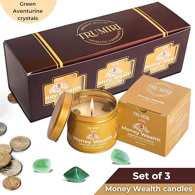 Money Wealth - Crystal Candles for Home Scented - Pack of 3 x 5oz Soy Wax Natural Clean Organic Non Toxic with Essential Oils - for Cash Luck Manifestation - Long Lasting Candel TRUMIRI