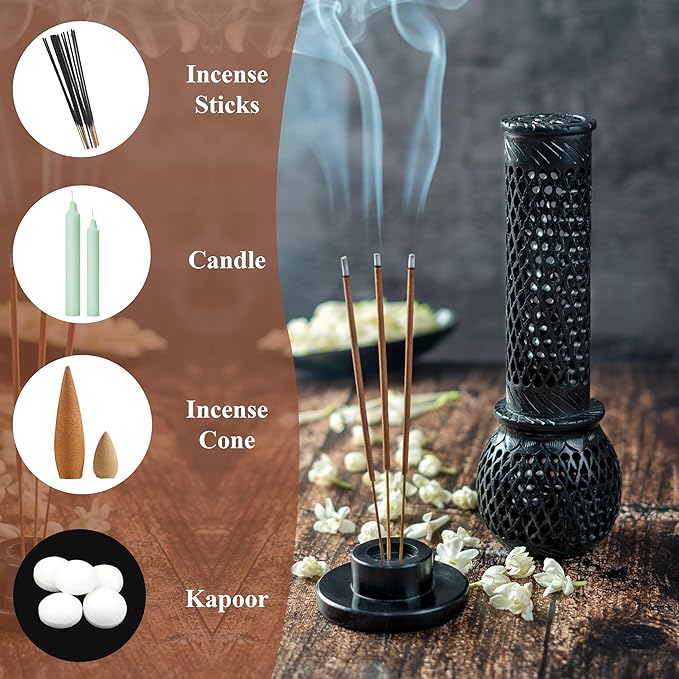 Crocon Handmade Black Marble Soapstone Incense Stick Burner Round Shape Jali and Handi Design Tower Burner | Candle Stick Holder | Decorative Home & Kitchen Best Gift Size - (2.7X2.7X9.4 Inch)