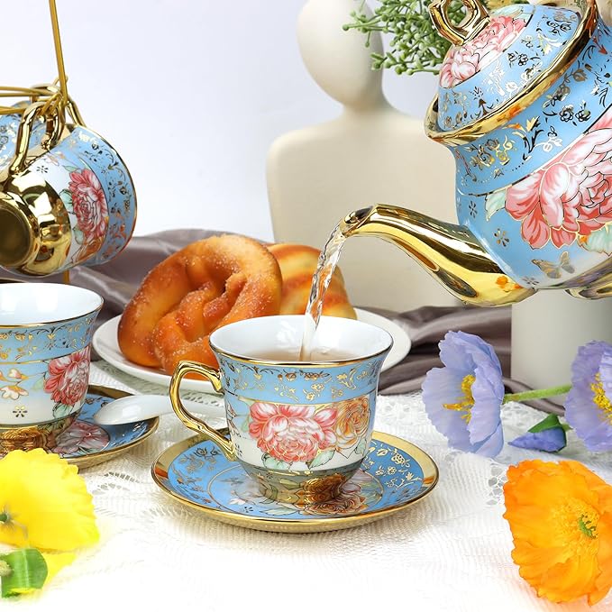 20 Pcs Porcelain Tea Set with Metal Holder, Adult Tea Set Gift, European Ceramic Tea Set for Adults, Flower Tea Cup Saucer Set for Party With Gold Flower Painting (Serene Blue) - Bloomnest