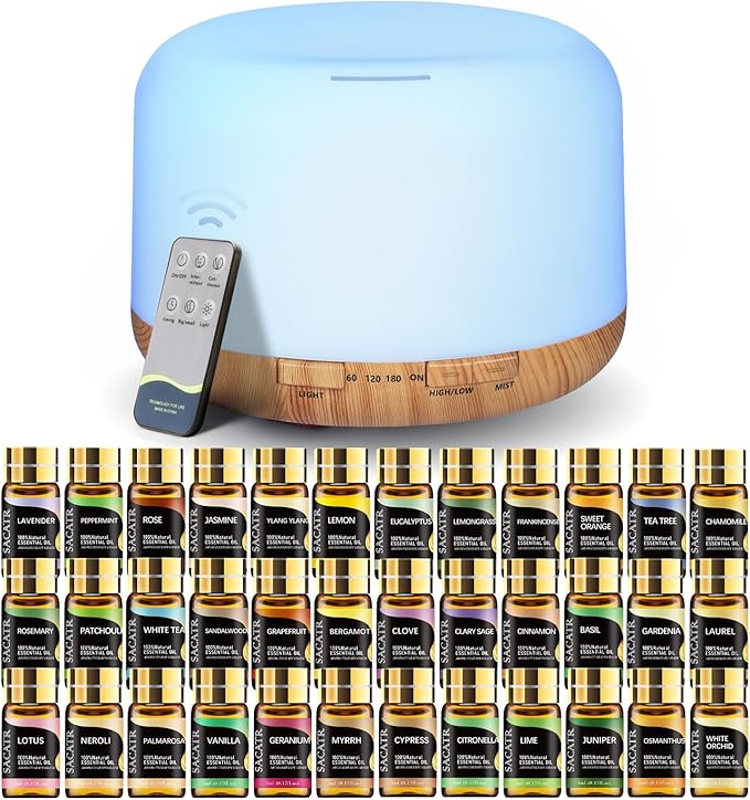 SACATR Essential Oil Diffusers for Home with 36x5mL Oil Diffuser Sets, Ultrasonic Technology, Remote Control for Home Office, Auto Shut-Off 4 Timers 15 Colors - Bloomnest