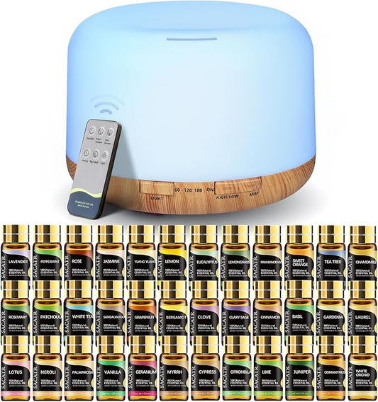 SACATR Essential Oil Diffusers for Home with 36x5mL Oil Diffuser Sets, Ultrasonic Technology, Remote Control for Home Office, Auto Shut-Off 4 Timers 15 Colors - Bloomnest
