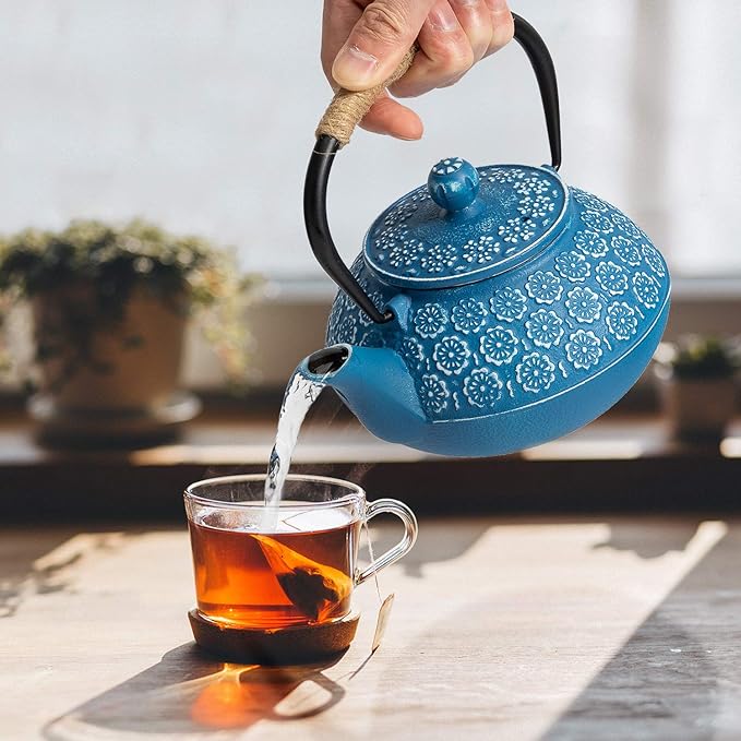 Sotya Cast Iron Teapot, 30oz/900ml Japanese Tetsubin Tea Pot with Infuser for Loose Leaf and Tea Bags, Tea Kettle Coated with Enameled Interior for Stove Top, Dark Blue - Bloomnest