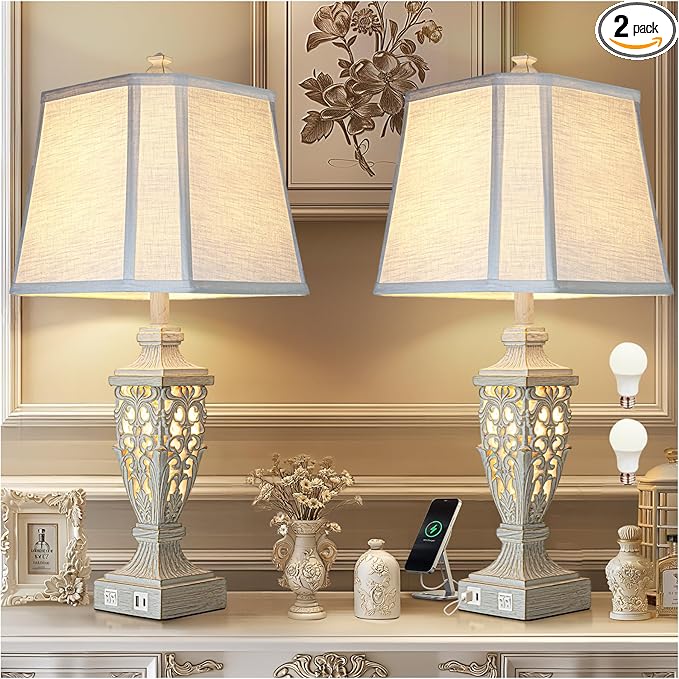 28.5" Lamps for Living Room - Table Lamps Set of 2 with Night Light,Bedside Lamp with White Linen Cut Corner Shade - for Bedroom Room and Nightstand with USB A+C Ports- for Office Hotel(Bulb Included) - Bloomnest