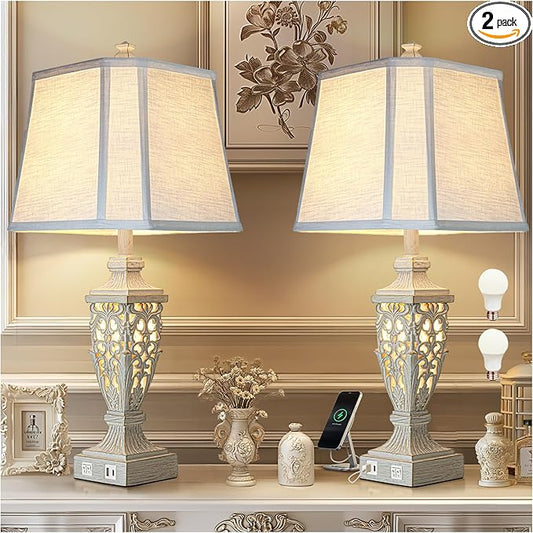 28.5" Lamps for Living Room - Table Lamps Set of 2 with Night Light,Bedside Lamp with White Linen Cut Corner Shade - for Bedroom Room and Nightstand with USB A+C Ports- for Office Hotel(Bulb Included) - Bloomnest
