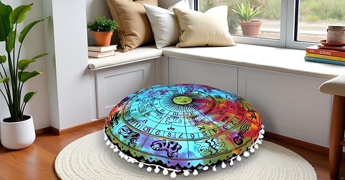 CRAFT KALA 32" Round Large Round Bohemian Floor Pillow Pouf Cover Mandala Meditation Room Pillow Cover for Adults Boho Seating Poufs Cushion Cover for Kids Playroom Multi Zodiac - Bloomnest
