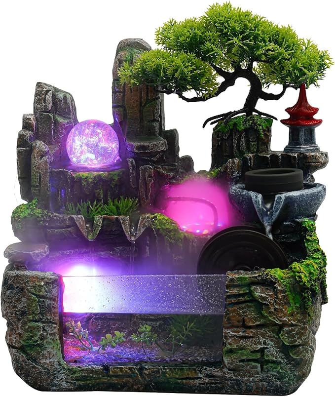 Indoor Water Fountain Desktop Waterfall Bonsai Tabletop Fountains with Color LED Light Atomizing Humidifier with Rockery Stream Plants for Home Office Bedroom (F) - Bloomnest