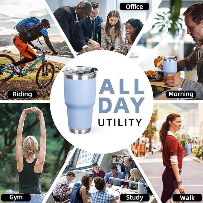 30 oz Tumbler with Lids and Straws Double Wall Vacuum Insulated Tumbler Cup,Stainless Steel Leak-proof Thermal Tumbler Travel Coffee Mug for Cold and Hot Drinks,Baby Blue - Bloomnest