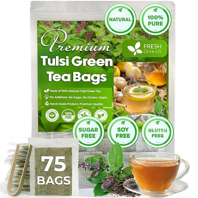 FreshDrinkUS, Premium 75 Tulsi Green Tea Bags, 100% Natural, Blend of Tulsi Holy Basil Leaves, and Green Tea Leaves. Made with Natural Material Tea Bags. No Sugar, Vegan. - Bloomnest