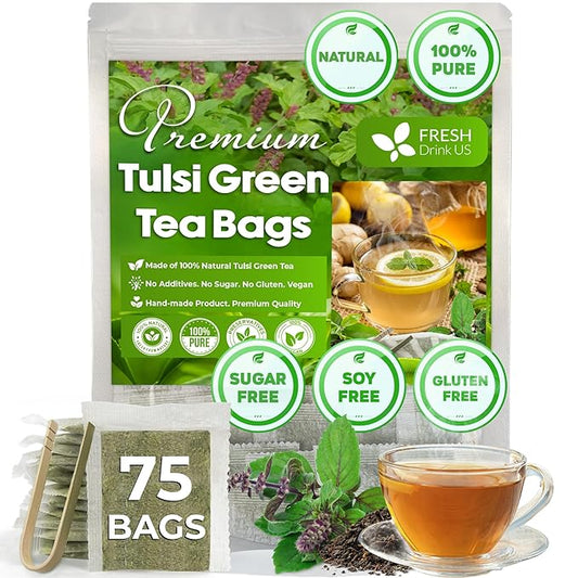 FreshDrinkUS, Premium 75 Tulsi Green Tea Bags, 100% Natural, Blend of Tulsi Holy Basil Leaves, and Green Tea Leaves. Made with Natural Material Tea Bags. No Sugar, Vegan. - Bloomnest