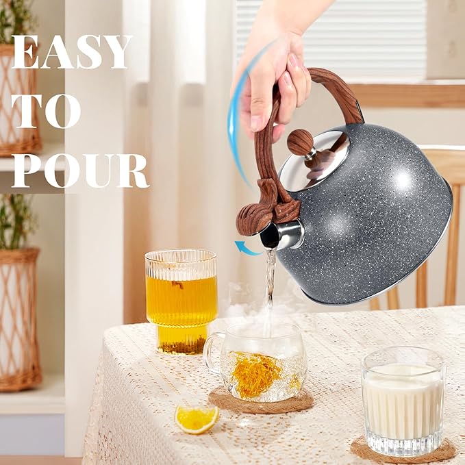 GGC 2.7QT/3L Whistling Tea Kettles for Stove Top, Stainless Steel Tea Kettle with for Boiling Water Milik or Coffee, Starry Gray Tea Pots with Wooden Anti Heat Handle - Bloomnest