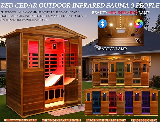 Red Cedar Ultra Low EMF Far Infrared Outdoor Sauna 3 Person with Ergonomic Seat, Mid-IR Beauty Lamp, 1950 W, 7 Infrared Carbon Plate Heaters, Chromotherapy Lamp, Reading Lamp, Bluetooth Speaker KUNSANA