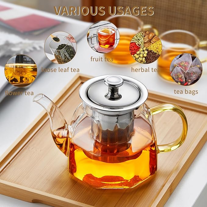 Glass Tea Pot with Stainless Steel Infuser and Lid (Octagonal), Clear Glass Teapot, Borosilicate Hydrochloric Glass Heat Resistant, Fine Glass Filter for Flower Tea, Tea Bags (27 oz / 800 ml) - Bloomnest