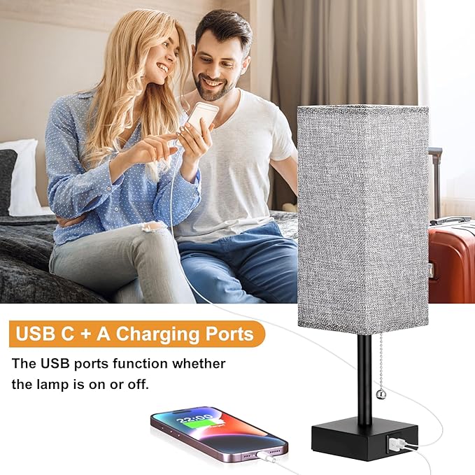 Bedside Table Lamps Set of 2 - Gray Bedroom Lamps with 3 Color Temperatures (3000K/5000K/4000K), Square Nightstand Light with USB C + A Charging Ports, Pull Chain Small Night Light - Bloomnest