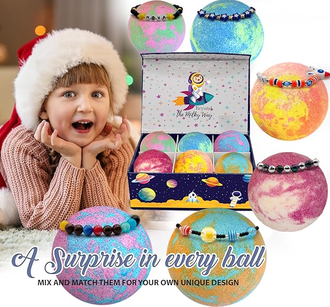 Bath Bombs for Kids with Surprise Inside, Bath Bombs with Surprise Jewelry & Jewelry Box - Organic, Skin Moisturizing, Natural Kids Space Galaxy Bracelets, Stocking Stuffers Christmas Gifts for Kids - Bloomnest