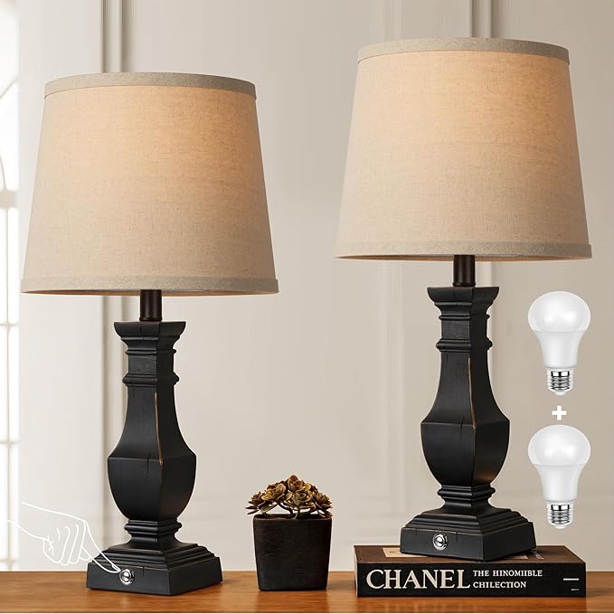 ROTTOGOON Dimmable Table Lamps Set of 2, Rustic Farmhouse Table Lamps for Living Room Bedroom, Bedside Desk Lamps for end Tables, Touch Lamps for nightstand, 9W Bulbs Included, 22", Black - Bloomnest